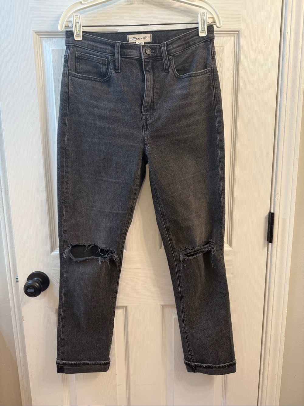 Madewell The High-Rise Slim Boyjean 26 Caton Wash Faded Black Ripped Knee Jeans